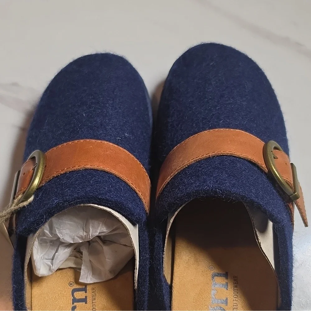 Born Men's Blue Wool Leather Clog Slippers Brown Buckle Strap Solid US 8